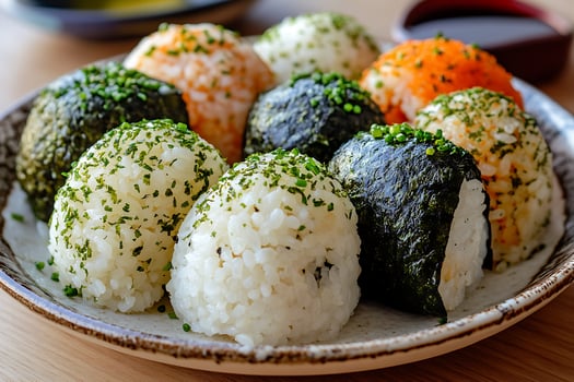 Delicious Onigiri Rice Balls with Seaweed and Fresh Herbs. photo