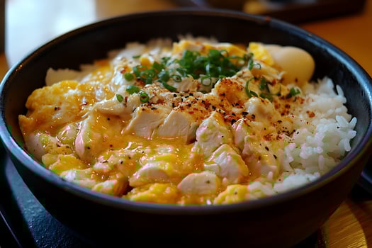 Delicious Oyakodon Rice Bowl with Chicken and Egg. photo