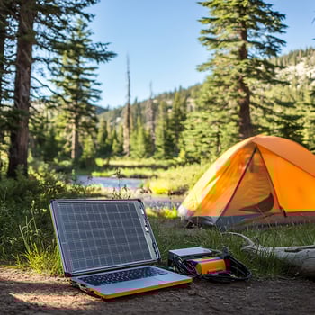 Camping Tech Portable Solar Power and Laptop in Nature. photo