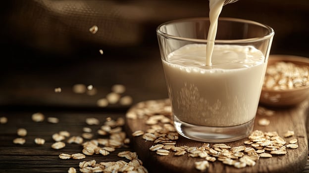 Oat milk is poured into a clear glass surrounded by scattered oats on wood photo