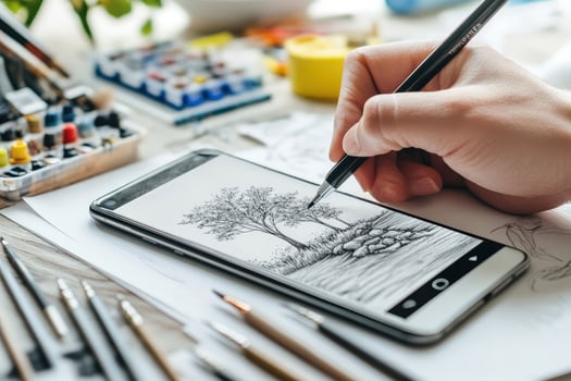 Artist's hand is sketching an artistic scenery onto the smartphone screen with a precision pen photo