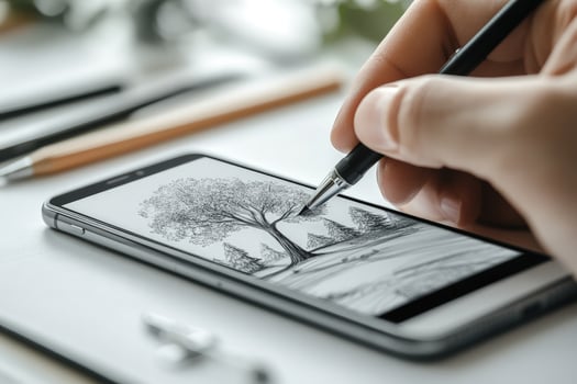 Close view shows hand drawing landscape on mobile phone screen with stylus pen photo