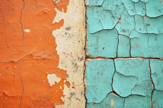 Turquoise paint meets orange with aged texture on a weathered, cracked wall surface photo