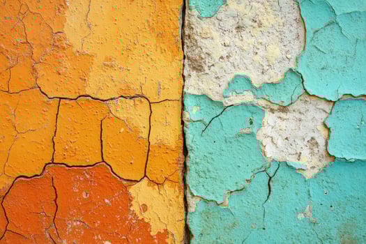 Decaying vintage wall has textured orange paint beside cracked light blue facade photo
