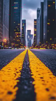 Asphalt perspective shows double yellow lines amidst urban buildings stretching into the distance photo