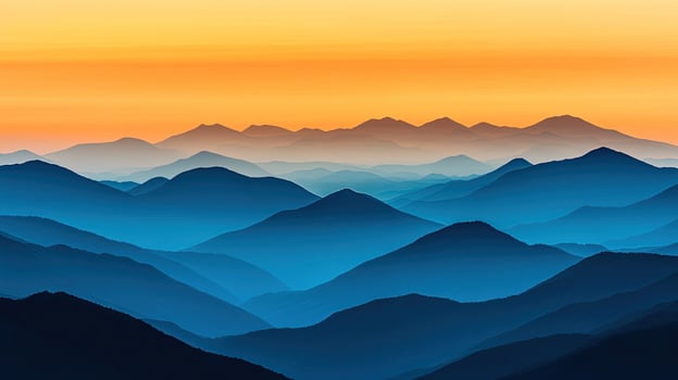 Layers of blue mountains rise softly beneath a golden orange sky in this serene landscape photo