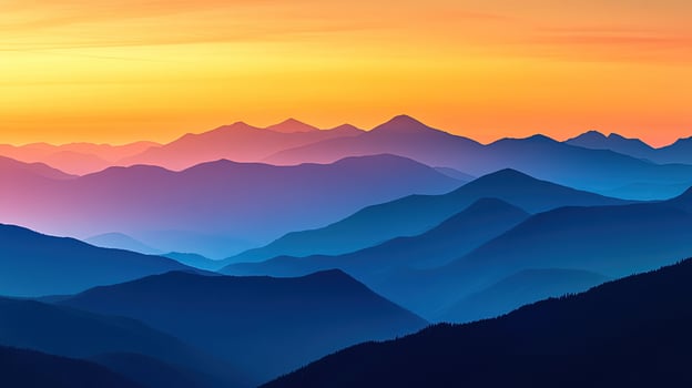 Colorful layers of mountain ridges cascade beneath warm yellow and orange sunset gradients photo