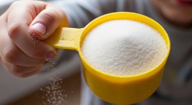 A child holding a spoon over a sugar bowl photo