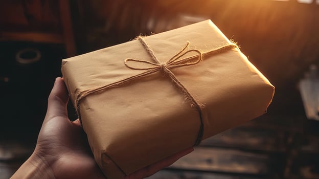 Person holds brown paper package tied with twine string in a warm light photo