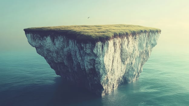 A bird soars above a floating island covered in verdant grass over serene water photo