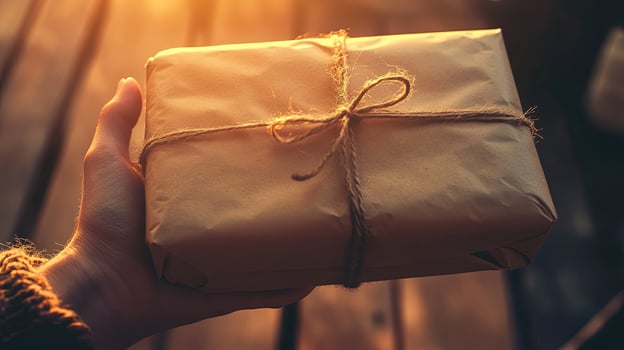 Person holds a wrapped paper package tied with twine in warm sunlight photo