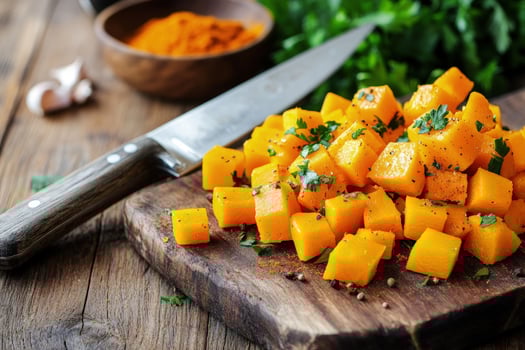 A culinary shows chopped butternut squash with parsley, pepper, and a knife photo