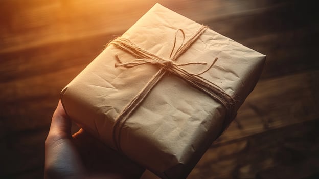 Hand holds a square brown paper parcel tied with twine on wood photo