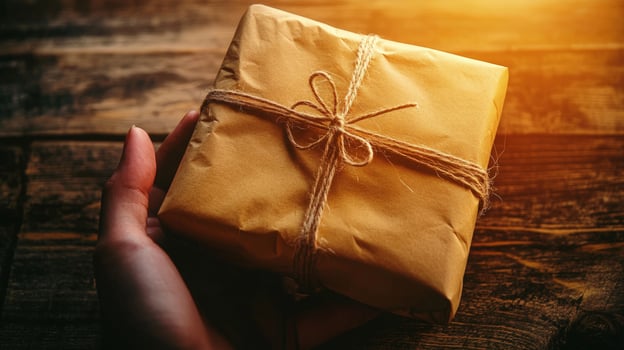 Person holds a brown paper wrapped package tied with jute twine on wood photo