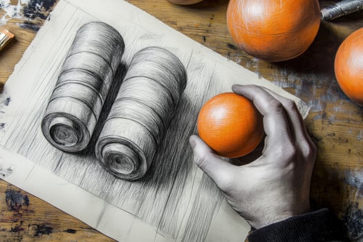 Male hand holds painted orange sphere beside pencil drawing of spiral forms photo
