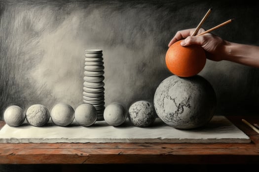 Hand holds an orange sphere balancing it atop a marble ball still life photo