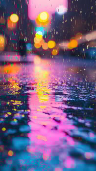 Wet street reflects colorful city lights while heavy rain pours down during nighttime hours photo
