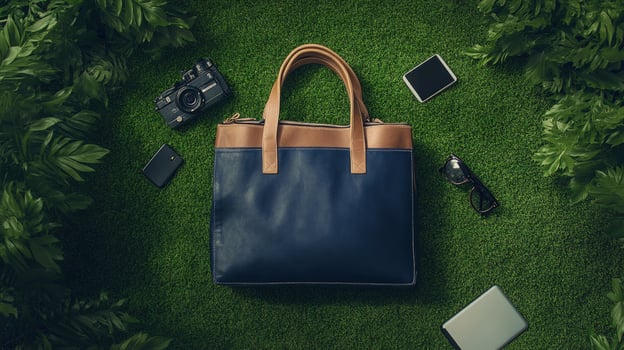Flat lay shows a blue leather bag surrounded by devices on artificial grass photo