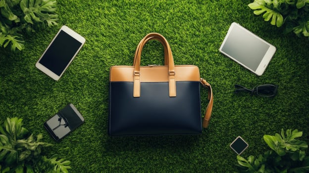 Leather briefcase with technology items sits among green grass and monstera leaves above photo