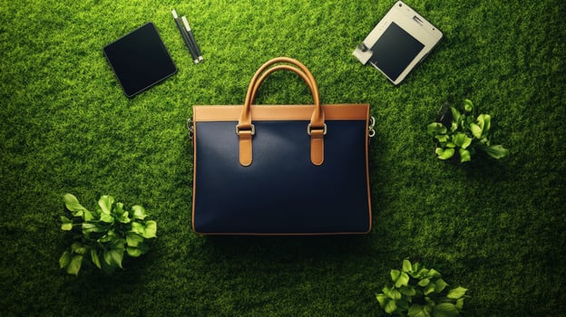Leather business briefcase with gadgets sits on the vivid green grass backdrop outdoors photo