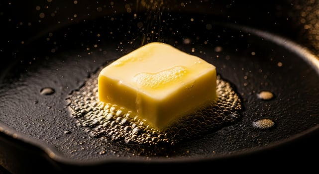 A cube of butter being poured into a pan photo