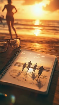 Notebook displays silhouetted runners enjoying sunset at beach, with blurred runner behind sunglasses photo