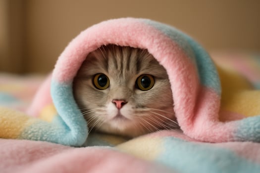 image of a British Shorthair cat with bright amber eyes peeking out from a soft pastel blanket. The cat playful expression and cozy vibe create a warm, inviting atmosphere photo