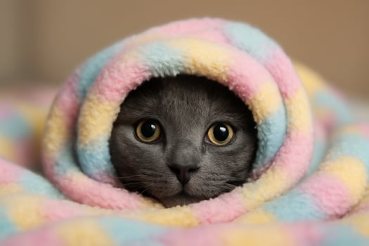 image of an adorable Russian Blue cat peeking from a soft pastel blanket with a playful expression. The cat bright eyes and cozy setting evoke warmth, comfort, and cuteness. photo