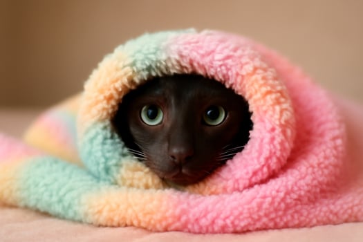 image of an Oriental Shorthair cat peeking from a soft pastel blanket. The cat striking green eyes and playful expression evoke warmth, comfort, and a cozy atmosphere. photo