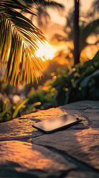 Sunlight reflects off the phone that sits on the stone near palm fronds photo