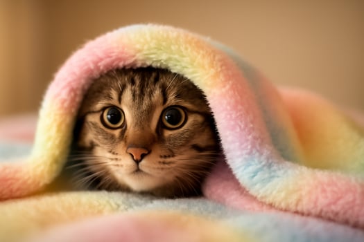 A playful Chausie cat peeks out from a soft pastel blanket with large expressive eyes. The warm, fuzzy atmosphere creates an adorable calm mood. A cozy and vibrant image evoking warmth photo