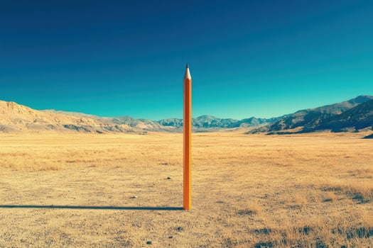 An orange pencil stands vertically in a vast yellow field against a mountain backdrop photo