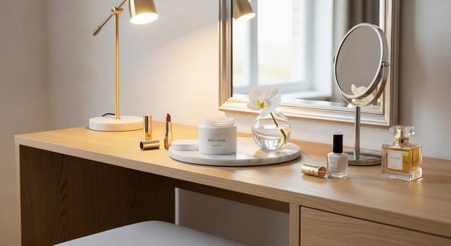 A vanity table with a mirror, a lamp and a mirror photo
