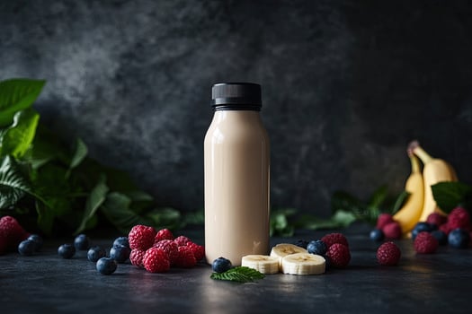 A smoothie bottle is surrounded by fresh raspberries, blueberries, and sliced bananas on the surface photo