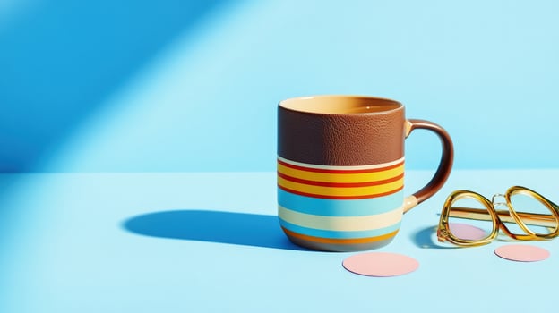 Retro striped mug and gold eyeglasses add a vibrant touch against the bright blue background photo