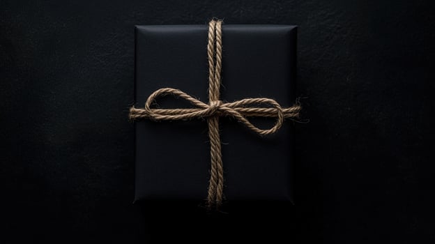 Dark square gift box is tied with brown twine on a textured background photo