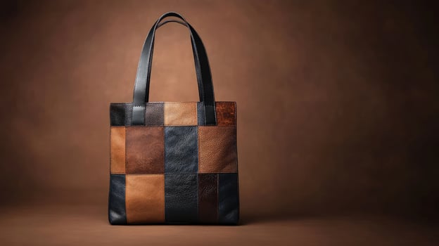 Multicolored leather patchwork tote bag stands gracefully against a warm brown background with black handles photo