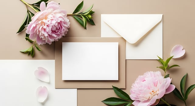 Mockup invitation, blank paper greeting card and peonies. Flat lay, top view. photo