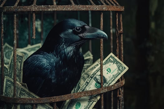 Captive raven sits amongst cash inside aged rusty cage looks cautiously onward photo