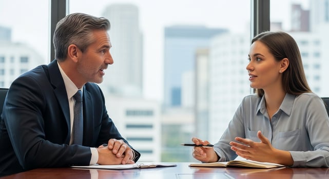 A man and woman in business attire talking in an office photo