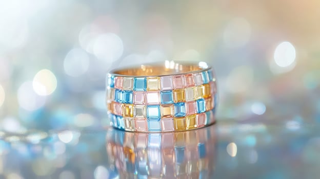 A bright gold bracelet sparkles with blue, pink, and yellow square stones set against bokeh lights photo