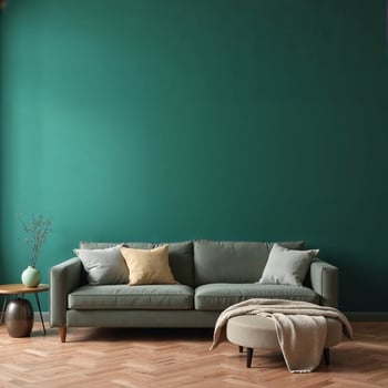 Modern interior design featuring sofa, pouf, and side table against emerald green wall photo