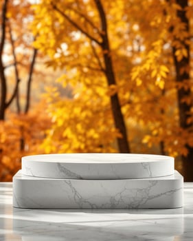Empty marble pedestal displaying products on autumn background photo