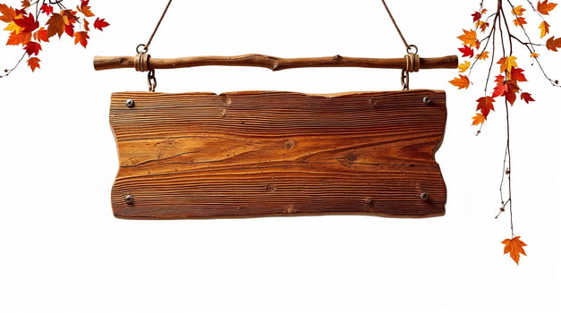 Rustic wooden signboard hanging amid autumn leaves photo