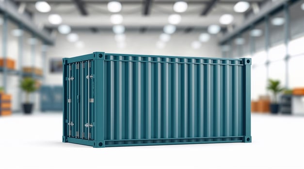 Green shipping container stands in distribution warehouse, ready for loading photo