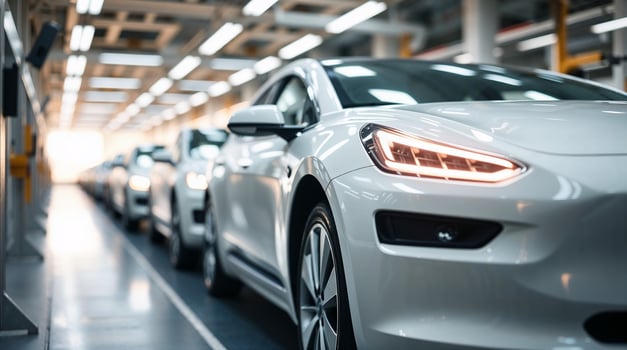 New white electric cars leaving production line in modern automated factory photo
