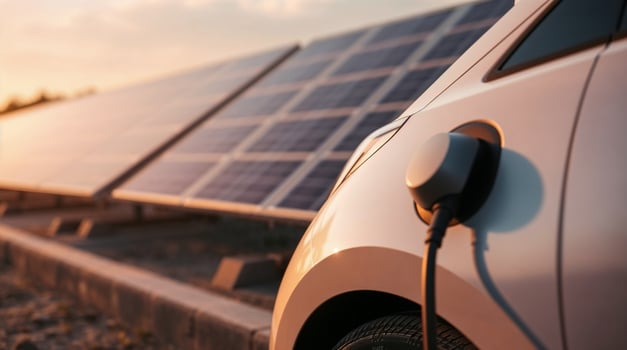 Electric car charging at sunset in front of solar panels, promoting sustainable transportation photo