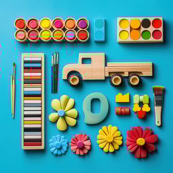 Colorful paints, wooden truck, and flowers are beautifully arranged on a solid blue background photo