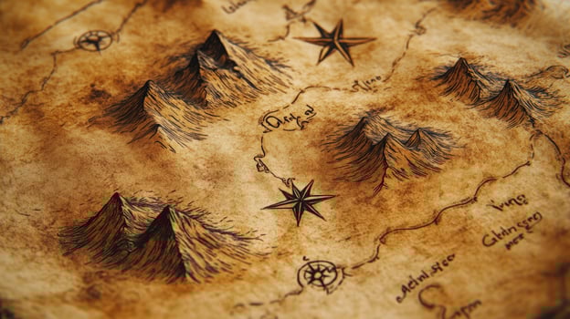 Vintage styled treasure parchment showcases mountainous topography and handdrawn navigational star symbols in brown tones photo