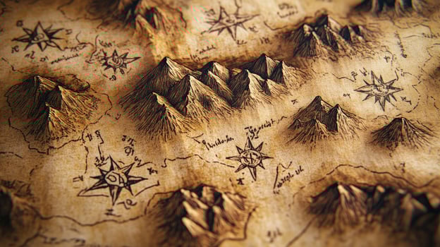 Detailed antique map features sketched mountains, coastlines, compass roses, and faded inscriptions photo